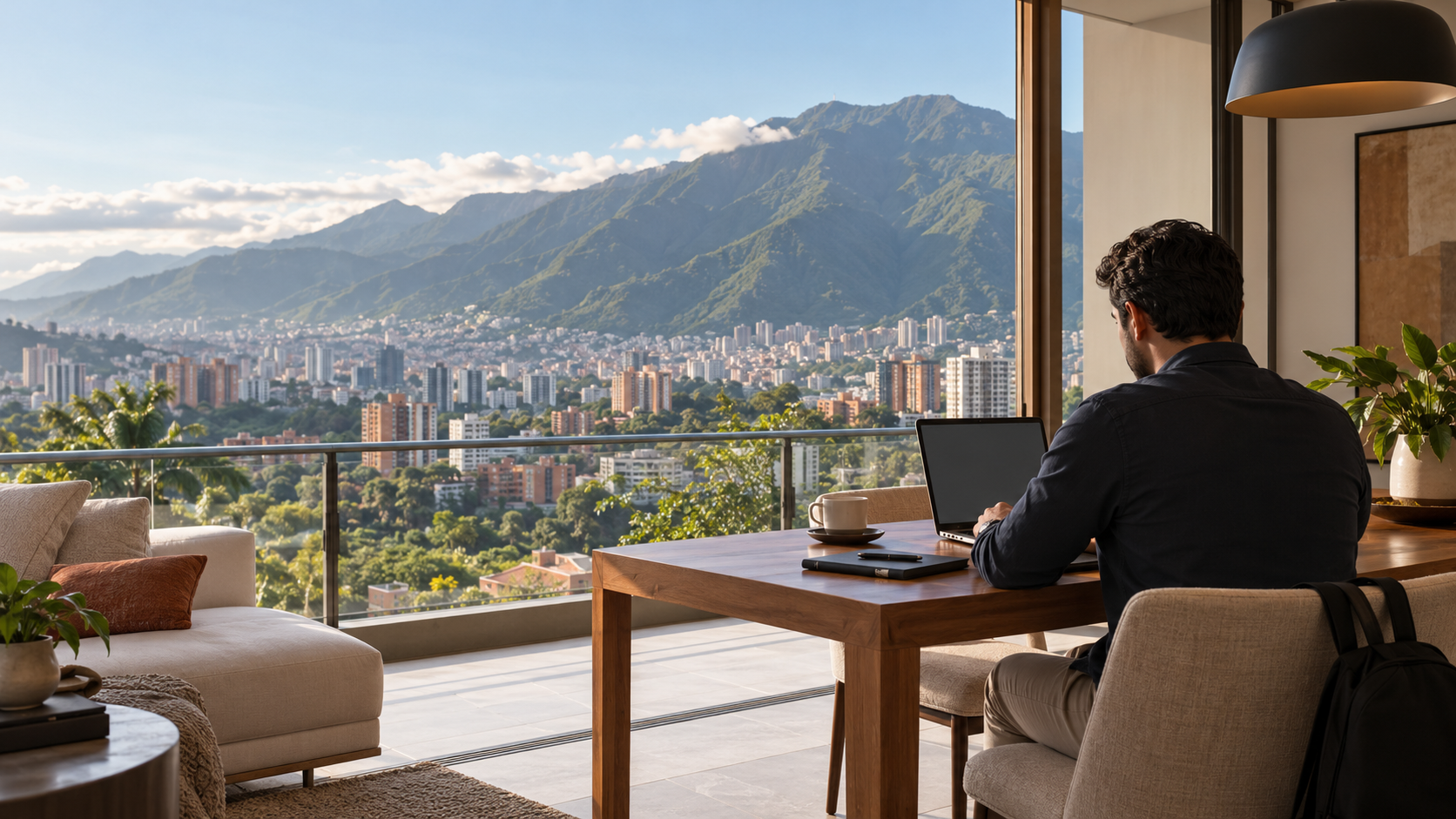 Business traveler working in a Caracas apartment with a view of El Ávila